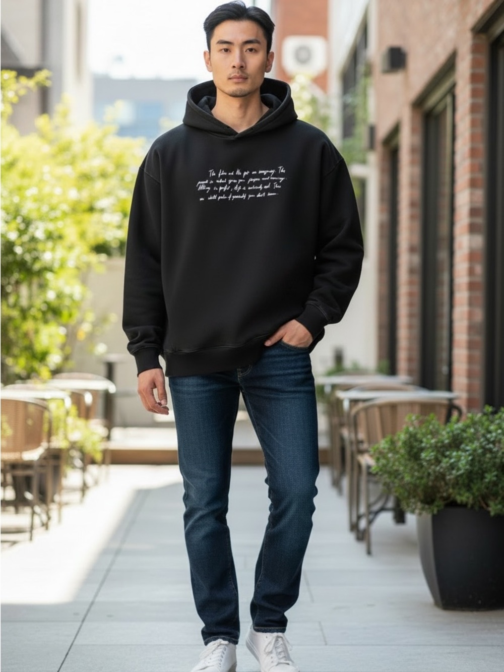 Zara Black Modern Hoodie with White Script Detailing - Men